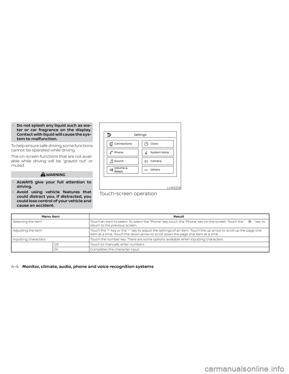 NISSAN KICKS 2023 Owners Manual •Do not splash any liquid such as wa-
ter or car fragrance on the display.
Contact with liquid will cause the sys-
tem to malfunction.
To help ensure safe driving, some functions
cannot be operated NISSAN KICKS 2023 Owners Manual •Do not splash any liquid such as wa-
ter or car fragrance on the display.
Contact with liquid will cause the sys-
tem to malfunction.
To help ensure safe driving, some functions
cannot be operated