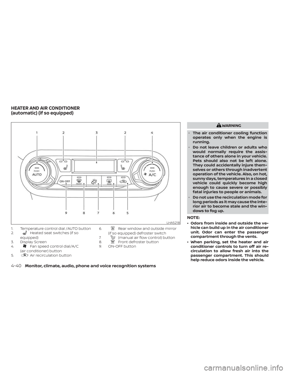 NISSAN KICKS 2023 Owners Manual 1. Temperature control dial /AUTO button
2.Heated seat switches (if so
equipped)
3. Display Screen
4.
Fan speed control dial/A/C
(air conditioner) button
5.
Air recirculation button 6.
Rear window and NISSAN KICKS 2023 Owners Manual 1. Temperature control dial /AUTO button
2.Heated seat switches (if so
equipped)
3. Display Screen
4.
Fan speed control dial/A/C
(air conditioner) button
5.
Air recirculation button 6.
Rear window and