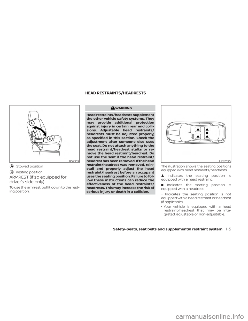 NISSAN KICKS 2023 Owners Manual ARMREST (if so equipped for
driver’s side only)
To use the armrest, pull it down to the rest-
ing position.
WARNING
Head restraints/headrests supplement
the other vehicle safety systems. They
may pr NISSAN KICKS 2023 Owners Manual ARMREST (if so equipped for
driver’s side only)
To use the armrest, pull it down to the rest-
ing position.
WARNING
Head restraints/headrests supplement
the other vehicle safety systems. They
may pr