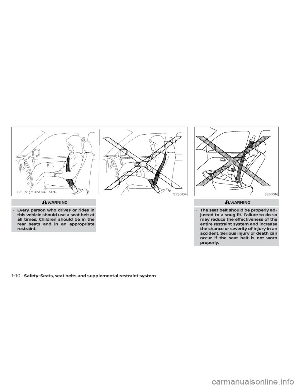 NISSAN KICKS 2023  Owners Manual WARNING
• Every person who drives or rides in
this vehicle should use a seat belt at
all times. Children should be in the
rear seats and in an appropriate
restraint.WARNING
• The seat belt should 