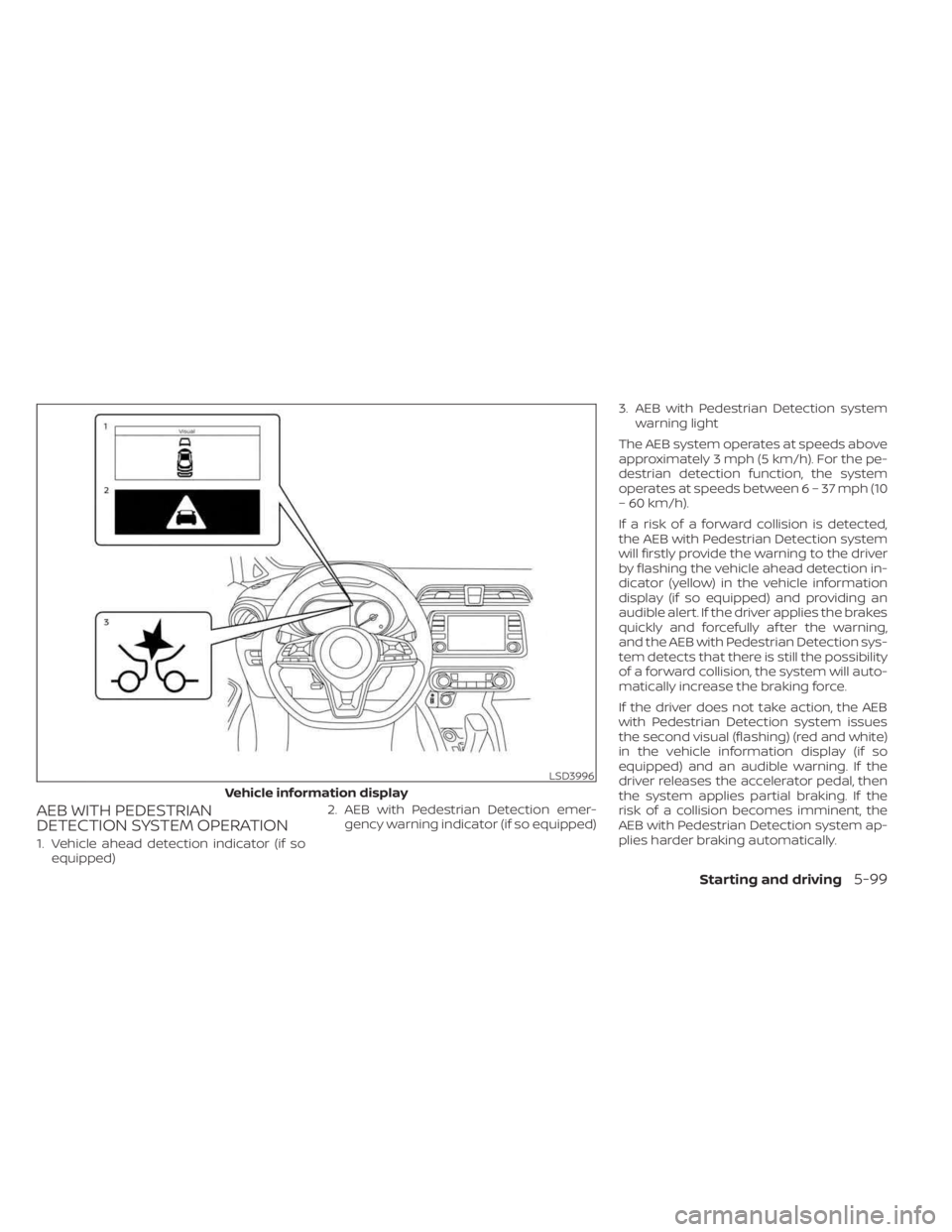 NISSAN KICKS 2023  Owners Manual AEB WITH PEDESTRIAN
DETECTION SYSTEM OPERATION
1. Vehicle ahead detection indicator (if soequipped) 2. AEB with Pedestrian Detection emer-
gency warning indicator (if so equipped) 3. AEB with Pedestri