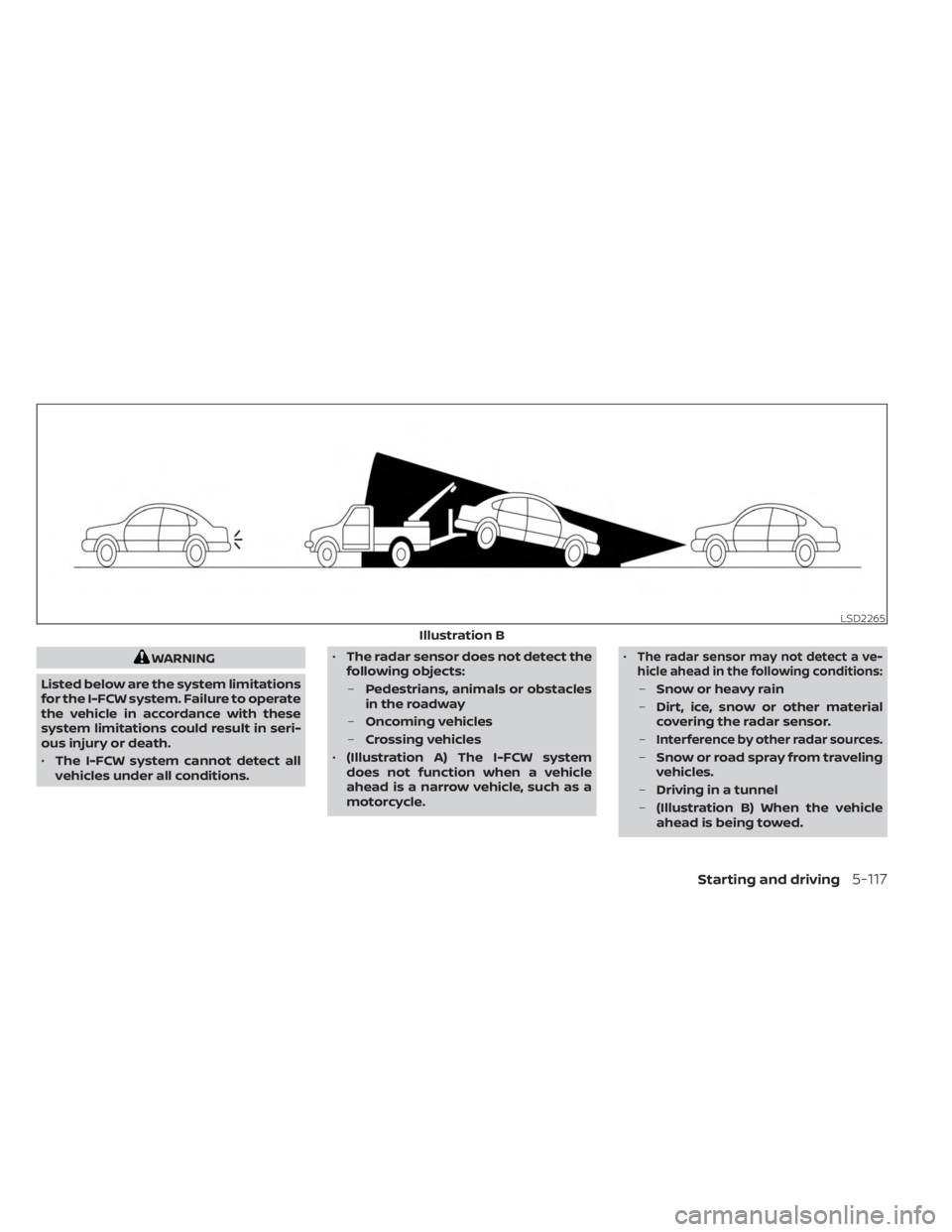NISSAN KICKS 2023  Owners Manual WARNING
Listed below are the system limitations
for the I-FCW system. Failure to operate
the vehicle in accordance with these
system limitations could result in seri-
ous injury or death.
• The I-FC