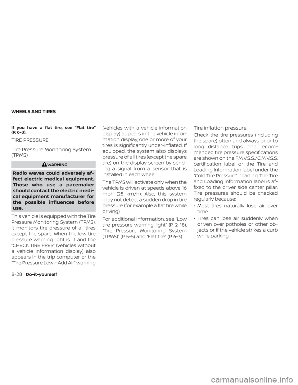NISSAN KICKS 2023  Owners Manual If you have a flat tire, see “Flat tire”
(P. 6-3).
TIRE PRESSURE
Tire Pressure Monitoring System
(TPMS)
WARNING
Radio waves could adversely af-
fect electric medical equipment.
Those who use a pac
