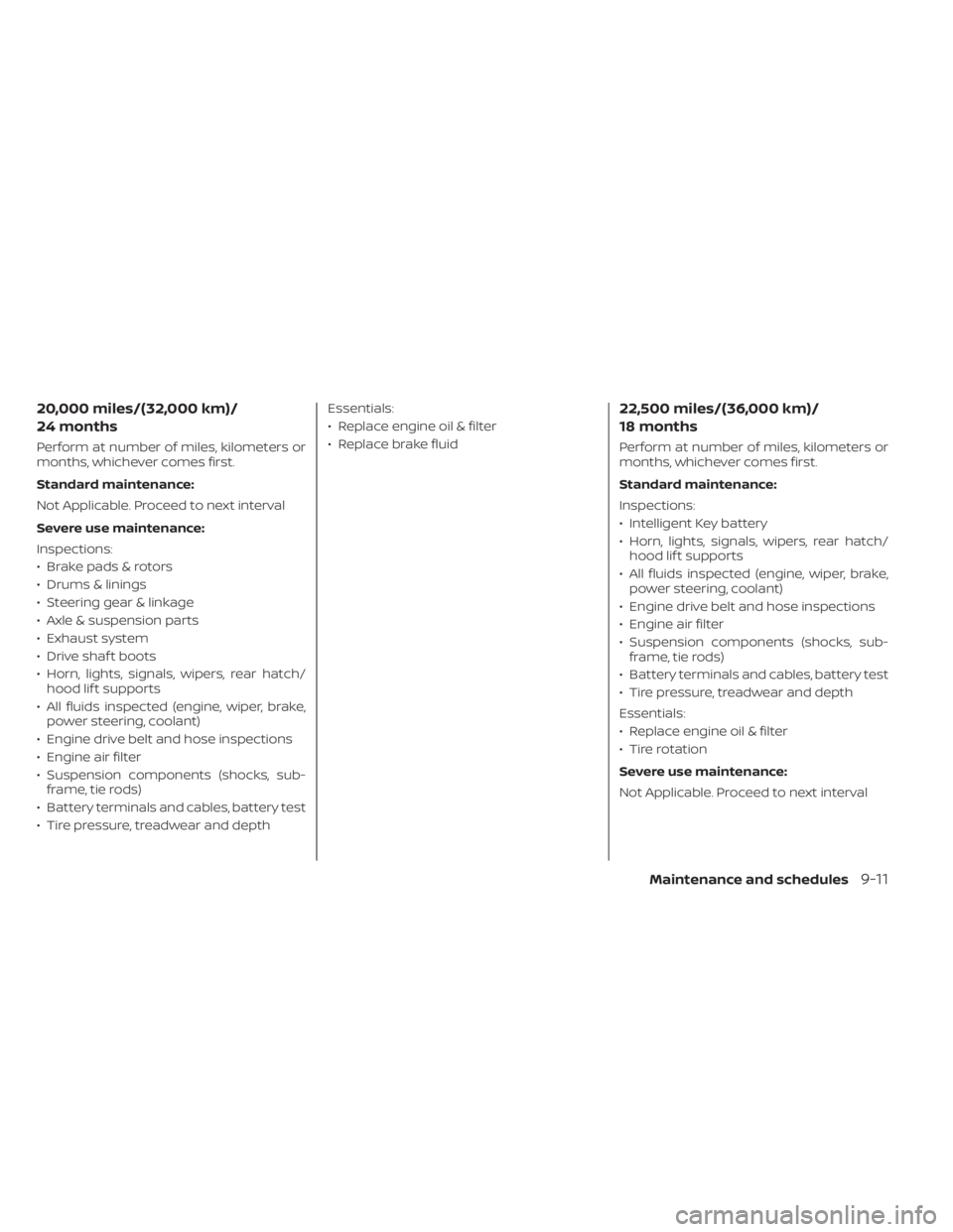 NISSAN KICKS 2023  Owners Manual 20,000 miles/(32,000 km)/
24 months
Perform at number of miles, kilometers or
months, whichever comes first.
Standard maintenance:
Not Applicable. Proceed to next interval
Severe use maintenance:
Insp