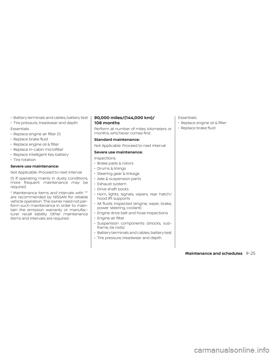 NISSAN KICKS 2023 Owners Manual • Battery terminals and cables, battery test
• Tire pressure, treadwear and depth
Essentials:
• Replace engine air filter (1)
• Replace brake fluid
• Replace engine oil & filter
• Replace NISSAN KICKS 2023 Owners Manual • Battery terminals and cables, battery test
• Tire pressure, treadwear and depth
Essentials:
• Replace engine air filter (1)
• Replace brake fluid
• Replace engine oil & filter
• Replace