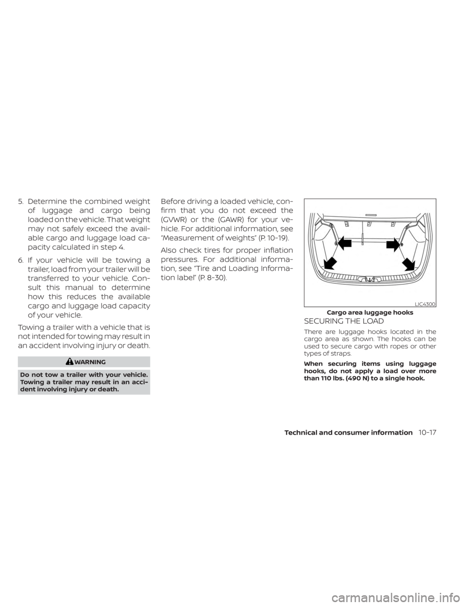 NISSAN KICKS 2023 Owners Manual 5. Determine the combined weightof luggage and cargo being
loaded on the vehicle. That weight
may not safely exceed the avail-
able cargo and luggage load ca-
pacity calculated in step 4.
6. If your v NISSAN KICKS 2023 Owners Manual 5. Determine the combined weightof luggage and cargo being
loaded on the vehicle. That weight
may not safely exceed the avail-
able cargo and luggage load ca-
pacity calculated in step 4.
6. If your v