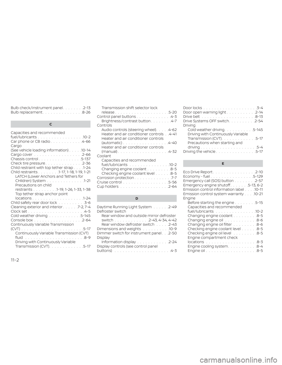 NISSAN KICKS 2023 Owners Manual Bulb check/instrument panel........2-13Bulb replacement...............8-26
C
Capacities and recommended
fuel/lubricants.................10-2Car phone or CB radio............4-66Cargo
(See vehicle load NISSAN KICKS 2023 Owners Manual Bulb check/instrument panel........2-13Bulb replacement...............8-26
C
Capacities and recommended
fuel/lubricants.................10-2Car phone or CB radio............4-66Cargo
(See vehicle load