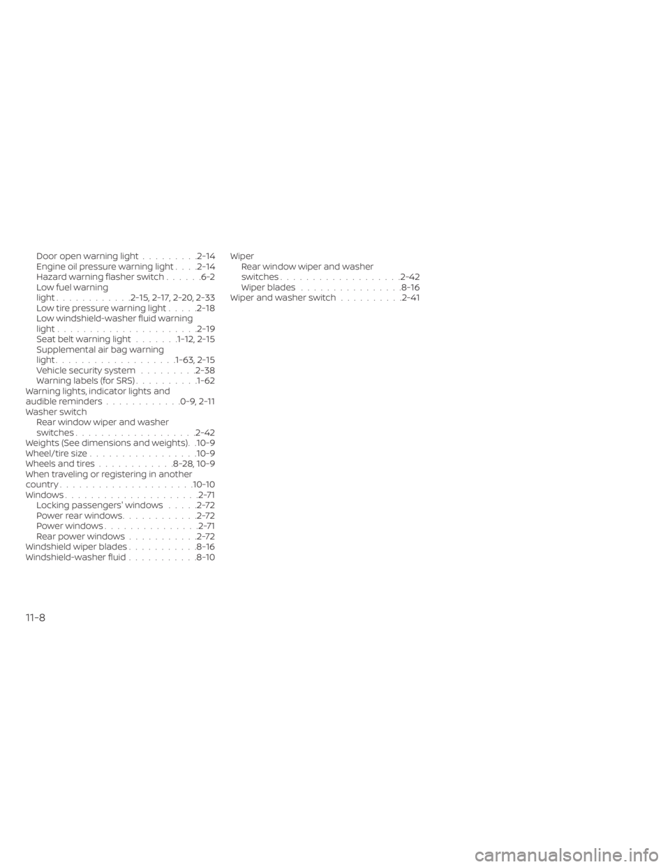 NISSAN KICKS 2023  Owners Manual Door open warning light.........2-14Engine oil pressure warning light. . . .2-14Hazard warning flasher switch......6-2Low fuel warning
light............2-15,2-17,2-20,2-33Low tire pressure warning lig