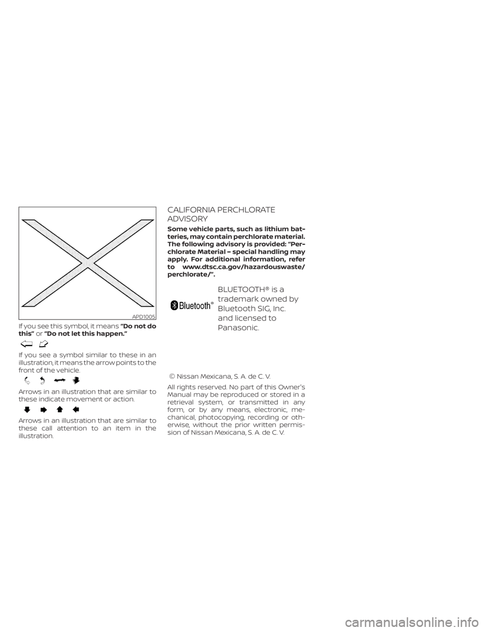 NISSAN KICKS 2023 Owners Manual If you see this symbol, it means“Do not do
this” or“Do not let this happen.”
If you see a symbol similar to these in an
illustration, it means the arrow points to the
front of the vehicle.
Arr NISSAN KICKS 2023 Owners Manual If you see this symbol, it means“Do not do
this” or“Do not let this happen.”
If you see a symbol similar to these in an
illustration, it means the arrow points to the
front of the vehicle.
Arr