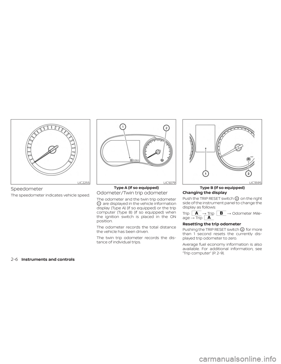 NISSAN KICKS 2023  Owners Manual Speedometer
The speedometer indicates vehicle speed.Odometer/Twin trip odometer
The odometer and the twin trip odometer
O1are displayed in the vehicle information
display (Type A) (if so equipped) or 