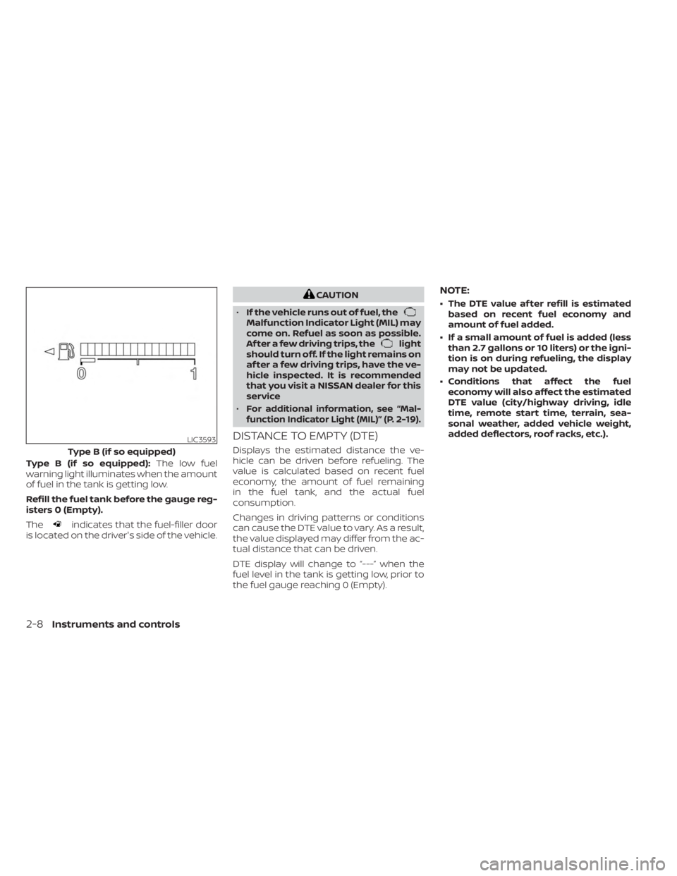 NISSAN KICKS 2023  Owners Manual Type B (if so equipped):The low fuel
warning light illuminates when the amount
of fuel in the tank is getting low.
Refill the fuel tank before the gauge reg-
isters 0 (Empty).
The
indicates that the f