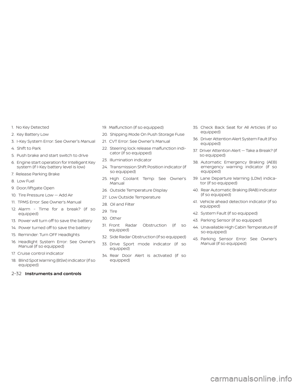 NISSAN KICKS 2022 Owners Manual 1. No Key Detected
2. Key Battery Low
3. I-Key System Error: See Owner's Manual
4. Shif t to Park
5. Push brake and start switch to drive
6. Engine start operation for Intelligent Keysystem (if I- NISSAN KICKS 2022 Owners Manual 1. No Key Detected
2. Key Battery Low
3. I-Key System Error: See Owner's Manual
4. Shif t to Park
5. Push brake and start switch to drive
6. Engine start operation for Intelligent Keysystem (if I-