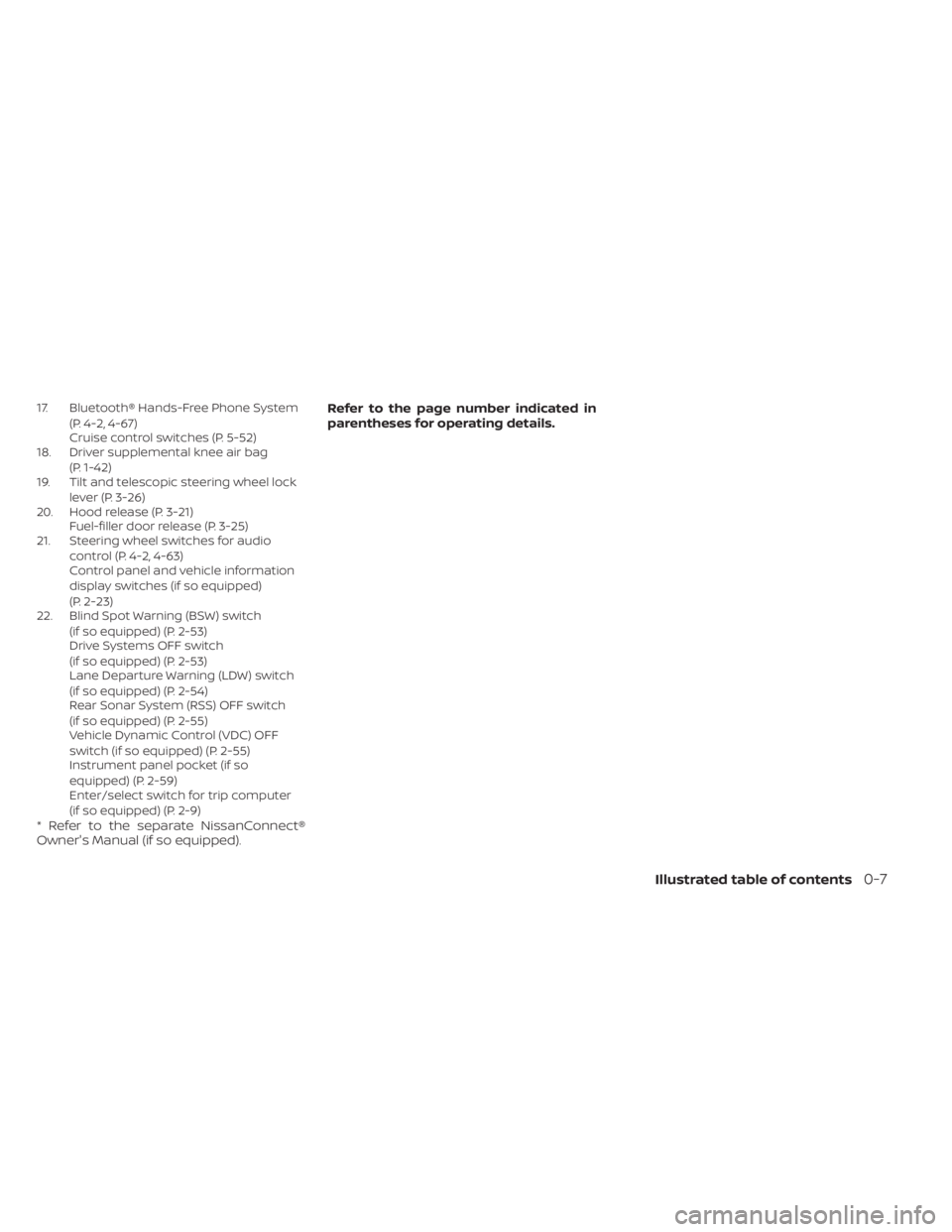 NISSAN KICKS 2022  Owners Manual 17. Bluetooth® Hands-Free Phone System(P. 4-2, 4-67)
Cruise control switches (P. 5-52)
18. Driver supplemental knee air bag
(P. 1-42)
19. Tilt and telescopic steering wheel lock
lever (P. 3-26)
20. H