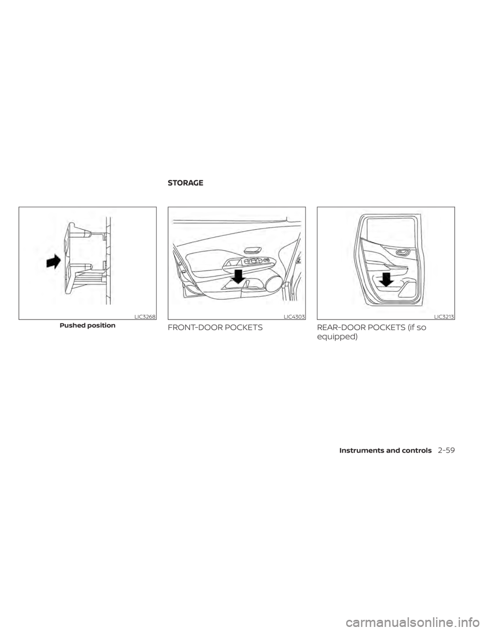 NISSAN KICKS 2022  Owners Manual FRONT-DOOR POCKETSREAR-DOOR POCKETS (if so
equipped)
LIC3268
Pushed position
LIC3213
STORAGE
Instruments and controls2-59 