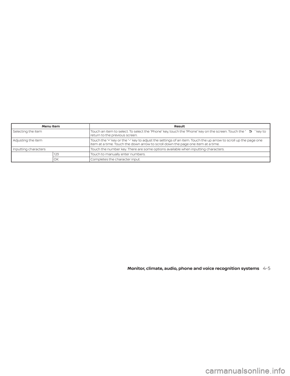 NISSAN KICKS 2022  Owners Manual Menu ItemResult
Selecting the item Touch an item to select. To select the “Phone” key, touch the “Phone” key on the screen. Touch the “
”keyto
return to the previous screen.
Adjusting the 