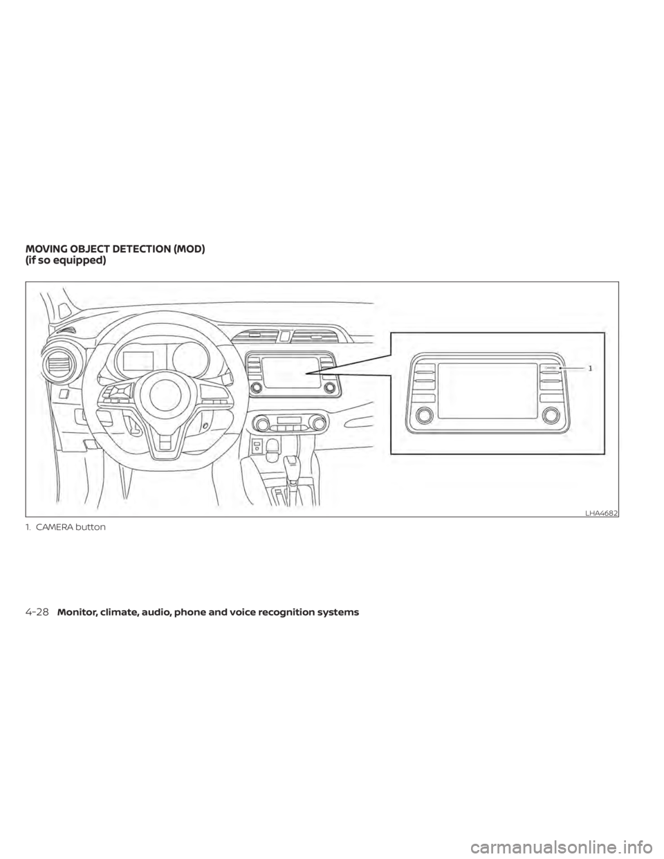 NISSAN KICKS 2022  Owners Manual 1. CAMERA button
LHA4682
MOVING OBJECT DETECTION (MOD)
(if so equipped) 