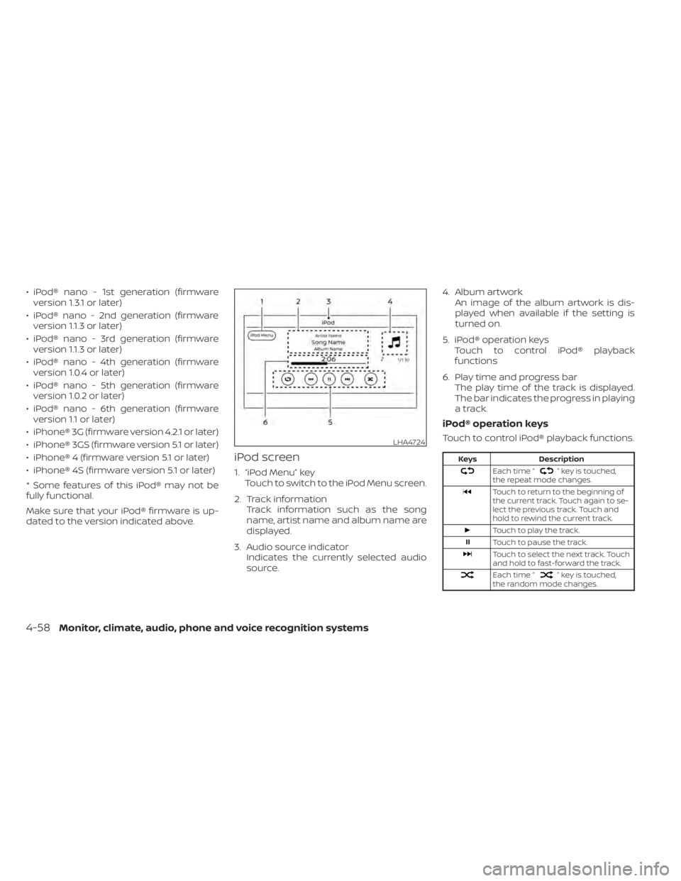 NISSAN KICKS 2022  Owners Manual • iPod® nano - 1st generation (firmwareversion 1.3.1 or later)
• iPod® nano - 2nd generation (firmware version 1.1.3 or later)
• iPod® nano - 3rd generation (firmware version 1.1.3 or later)
