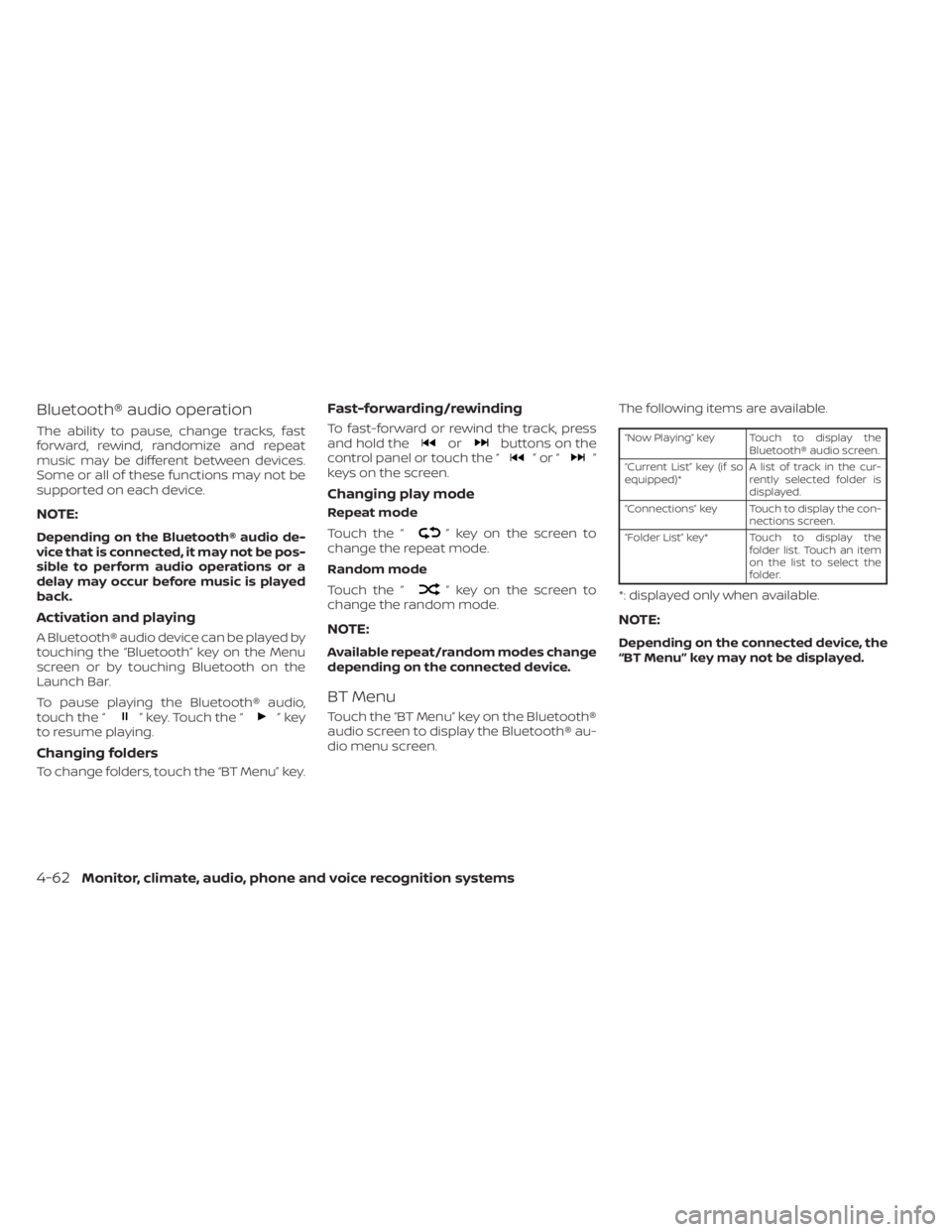 NISSAN KICKS 2022  Owners Manual Bluetooth® audio operation
The ability to pause, change tracks, fast
forward, rewind, randomize and repeat
music may be different between devices.
Some or all of these functions may not be
supported 