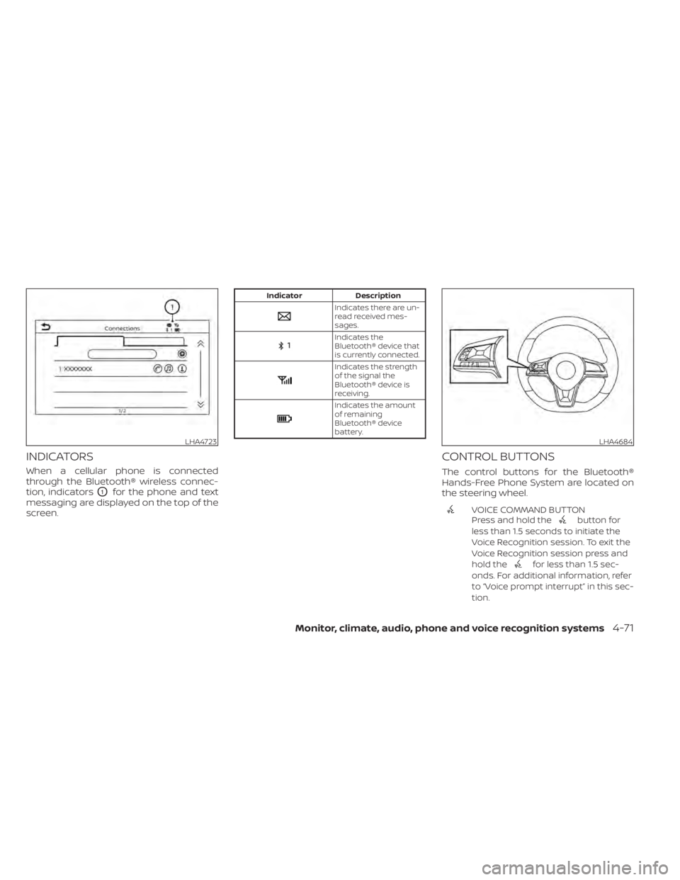 NISSAN KICKS 2022 Owners Manual INDICATORS
When a cellular phone is connected
through the Bluetooth® wireless connec-
tion, indicators
O1for the phone and text
messaging are displayed on the top of the
screen.
Indicates the
Bluetoo NISSAN KICKS 2022 Owners Manual INDICATORS
When a cellular phone is connected
through the Bluetooth® wireless connec-
tion, indicators
O1for the phone and text
messaging are displayed on the top of the
screen.
Indicates the
Bluetoo