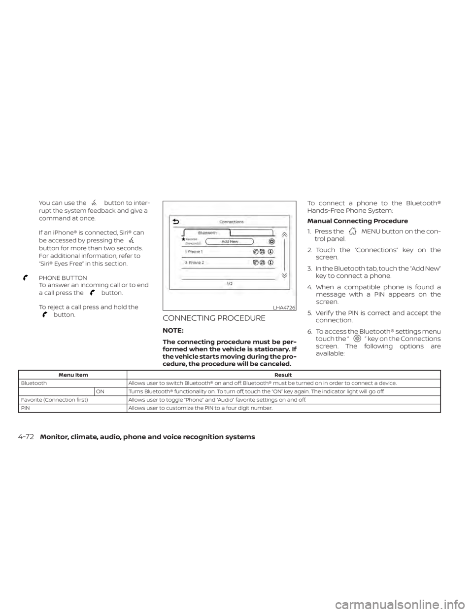 NISSAN KICKS 2022 Owners Manual You can use thebutton to inter-
rupt the system feedback and give a
command at once.
If an iPhone® is connected, Siri® can
be accessed by pressing the
button for more than two seconds.
For additiona NISSAN KICKS 2022 Owners Manual You can use thebutton to inter-
rupt the system feedback and give a
command at once.
If an iPhone® is connected, Siri® can
be accessed by pressing the
button for more than two seconds.
For additiona