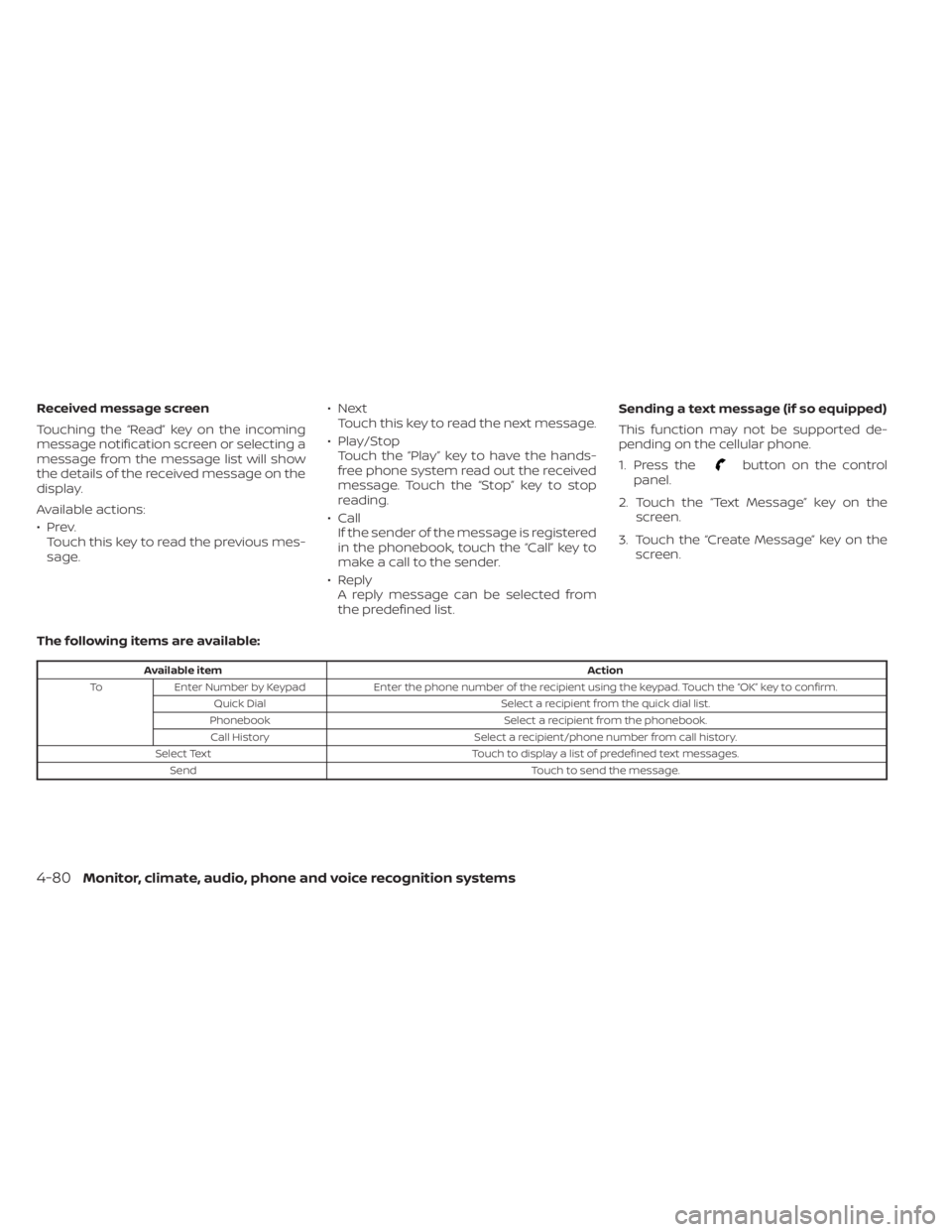 NISSAN KICKS 2022 Owners Manual Received message screen
Touching the “Read” key on the incoming
message notification screen or selecting a
message from the message list will show
the details of the received message on the
displa NISSAN KICKS 2022 Owners Manual Received message screen
Touching the “Read” key on the incoming
message notification screen or selecting a
message from the message list will show
the details of the received message on the
displa