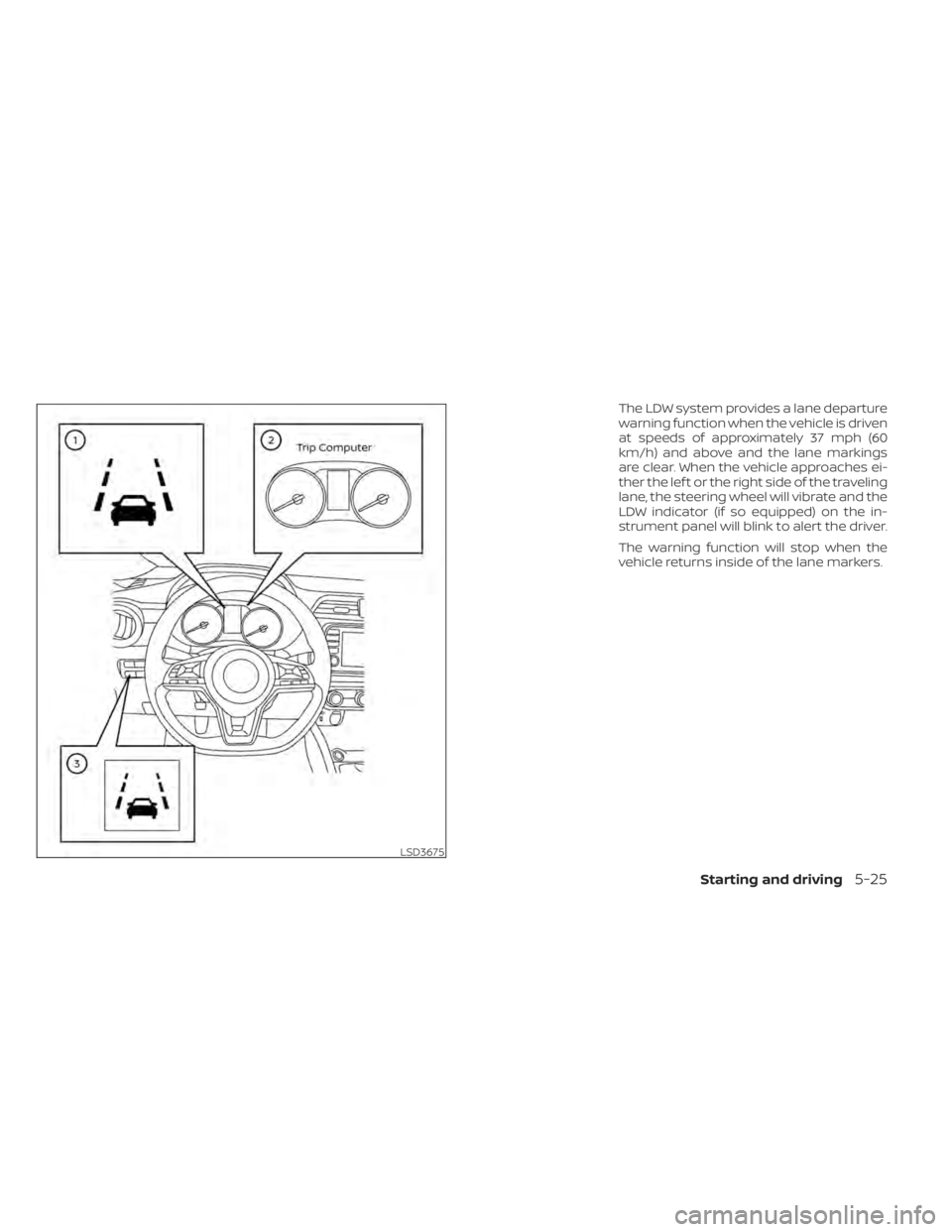 NISSAN KICKS 2022 Owners Manual The LDW system provides a lane departure
warning function when the vehicle is driven
at speeds of approximately 37 mph (60
km/h) and above and the lane markings
are clear. When the vehicle approaches NISSAN KICKS 2022 Owners Manual The LDW system provides a lane departure
warning function when the vehicle is driven
at speeds of approximately 37 mph (60
km/h) and above and the lane markings
are clear. When the vehicle approaches
