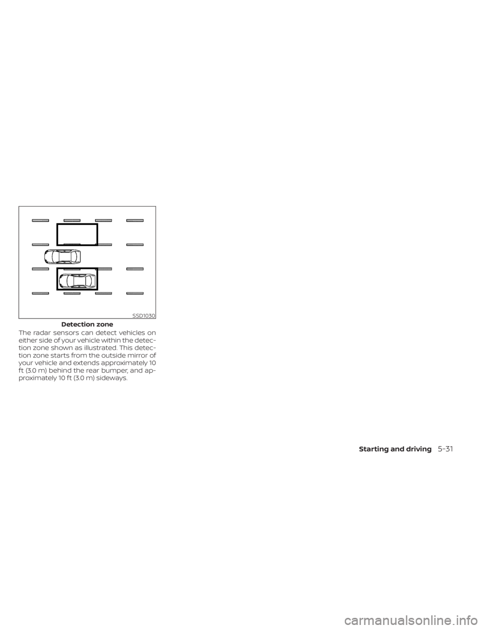 NISSAN KICKS 2022 Owners Manual The radar sensors can detect vehicles on
either side of your vehicle within the detec-
tion zone shown as illustrated. This detec-
tion zone starts from the outside mirror of
your vehicle and extends NISSAN KICKS 2022 Owners Manual The radar sensors can detect vehicles on
either side of your vehicle within the detec-
tion zone shown as illustrated. This detec-
tion zone starts from the outside mirror of
your vehicle and extends