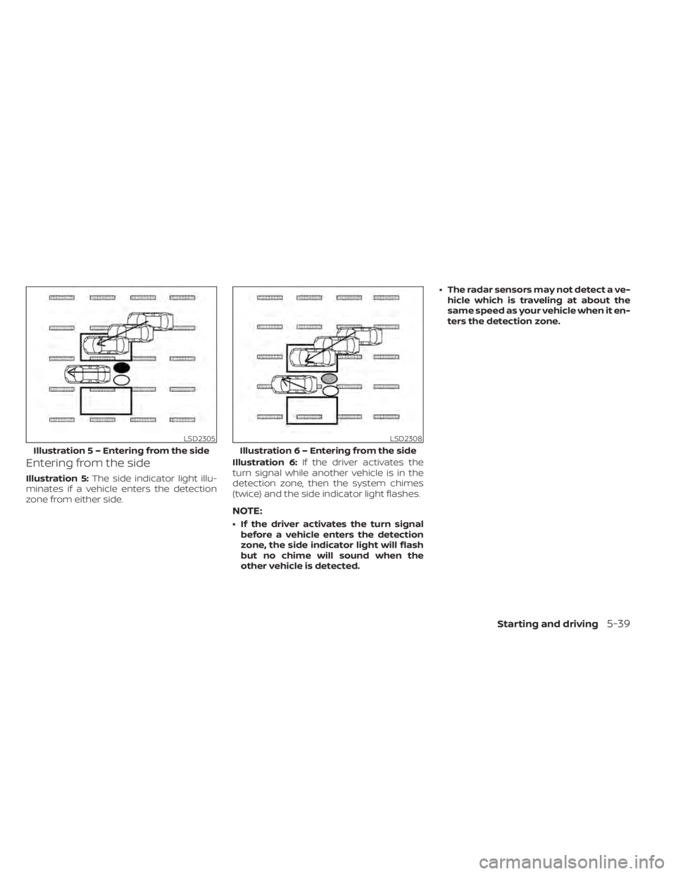 NISSAN KICKS 2022  Owners Manual Entering from the side
Illustration 5:The side indicator light illu-
minates if a vehicle enters the detection
zone from either side. Illustration 6:
If the driver activates the
turn signal while anot