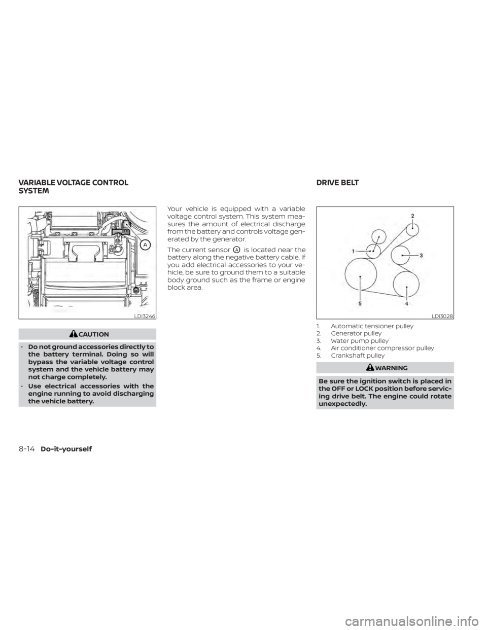NISSAN KICKS 2022 Owners Manual CAUTION
• Do not ground accessories directly to
the battery terminal. Doing so will
bypass the variable voltage control
system and the vehicle battery may
not charge completely.
• Use electrical a NISSAN KICKS 2022 Owners Manual CAUTION
• Do not ground accessories directly to
the battery terminal. Doing so will
bypass the variable voltage control
system and the vehicle battery may
not charge completely.
• Use electrical a