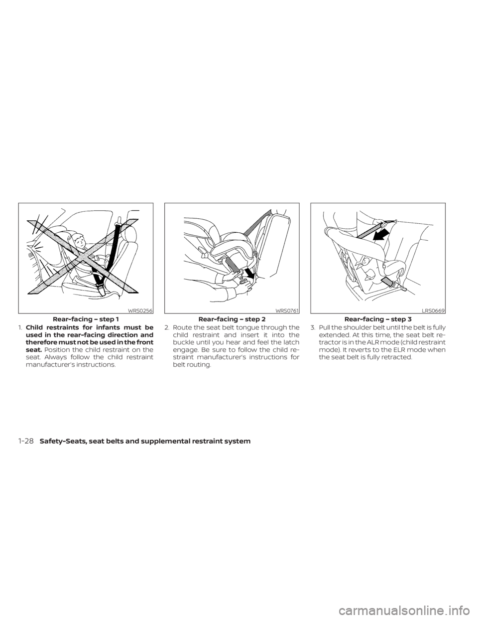 NISSAN KICKS 2022 Service Manual 1.Child restraints for infants must be
used in the rear-facing direction and
therefore must not be used in the front
seat. Position the child restraint on the
seat. Always follow the child restraint
m