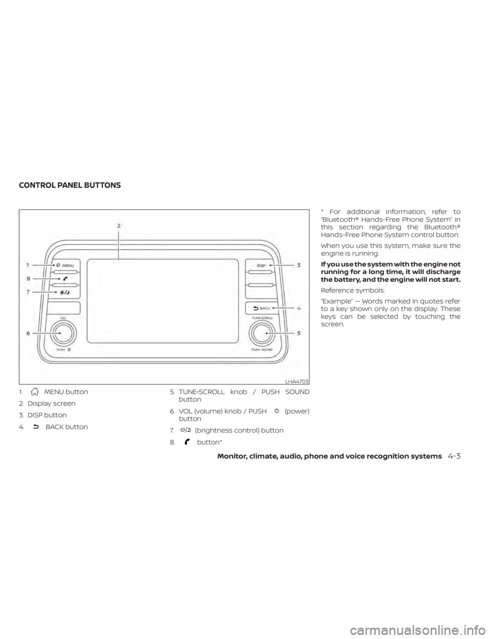 NISSAN KICKS 2021  Owners Manual 1.MENU button
2. Display screen
3. DISP button
4.
BACK button 5. TUNE•SCROLL knob / PUSH SOUND
button
6. VOL (volume) knob / PUSH
(power)
button
7.
(brightness control) button
8.
button* * For addit