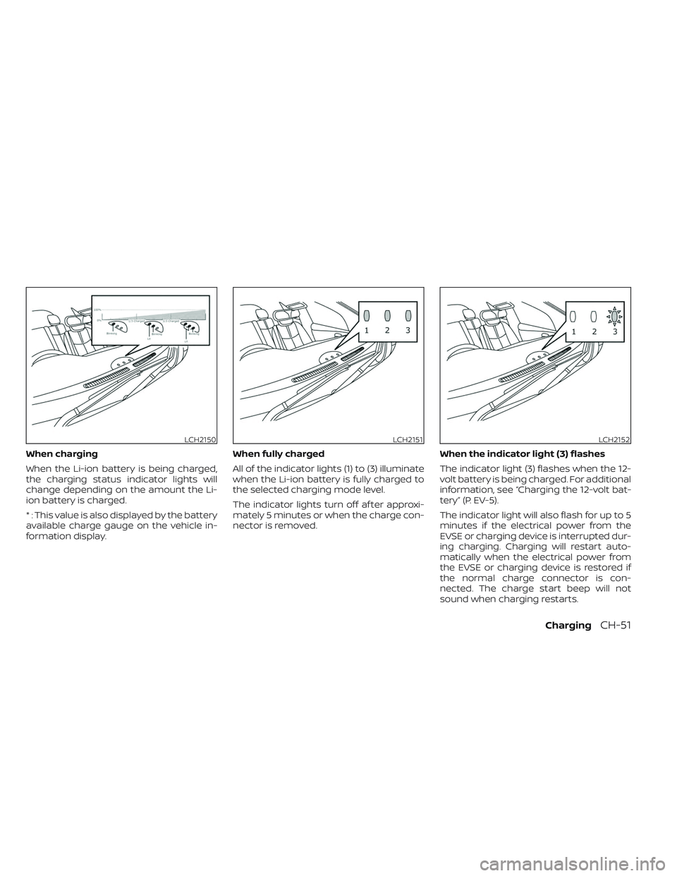 NISSAN LEAF 2023  Owners Manual When charging
When the Li-ion battery is being charged,
the charging status indicator lights will
change depending on the amount the Li-
ion battery is charged.
* : This value is also displayed by the