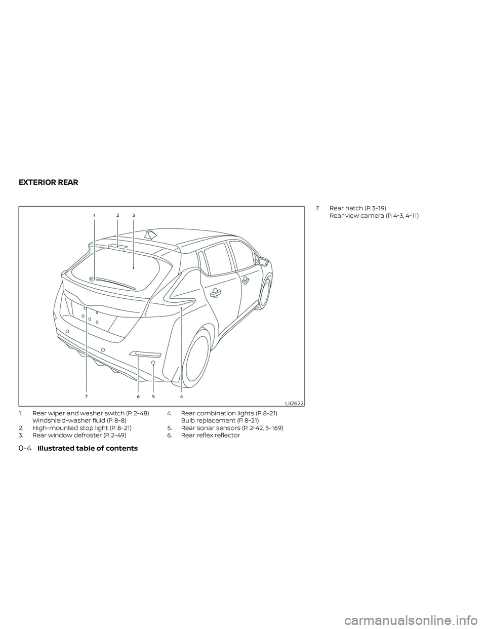 NISSAN LEAF 2023 User Guide 1. Rear wiper and washer switch (P. 2-48)Windshield-washer fluid (P. 8-8)
2. High-mounted stop light (P. 8-21)
3. Rear window defroster (P. 2-49) 4. Rear combination lights (P. 8-21)
Bulb replacement 