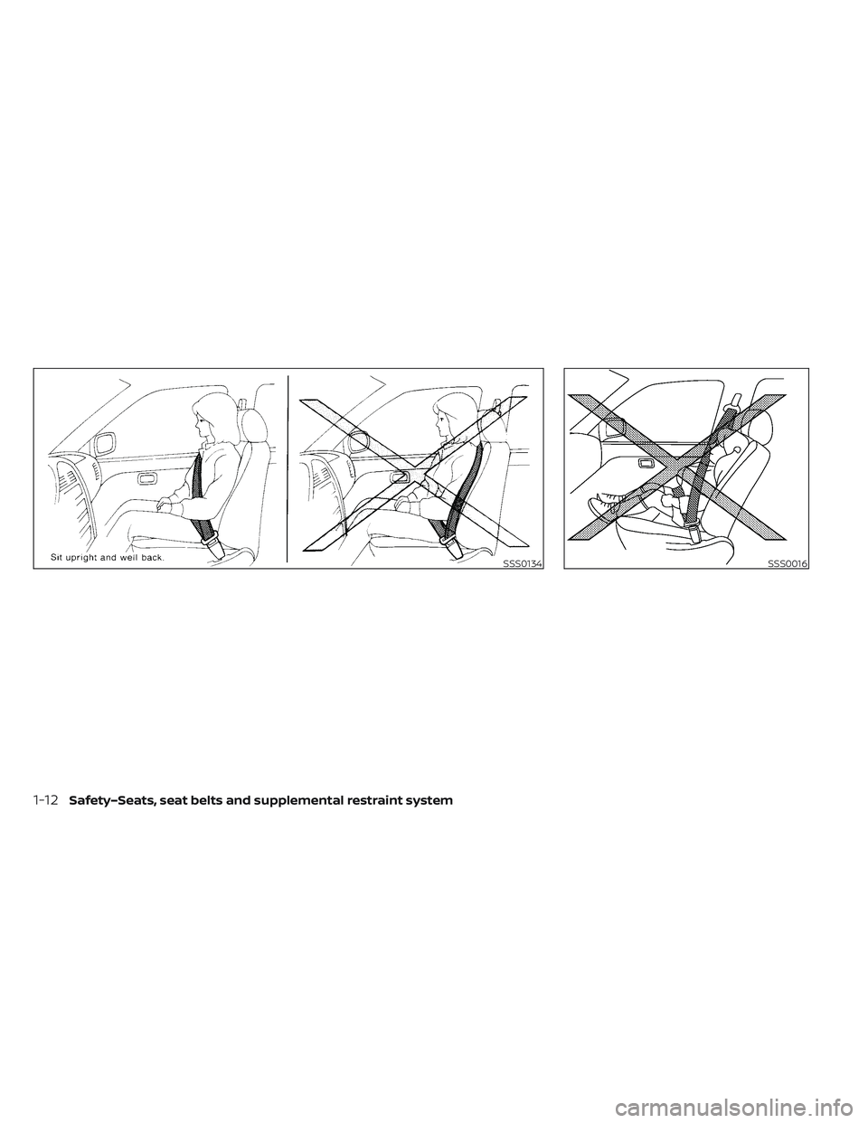 NISSAN LEAF 2023  Owners Manual SSS0134SSS0016
1-12Safety–Seats, seat belts and supplemental restraint system 