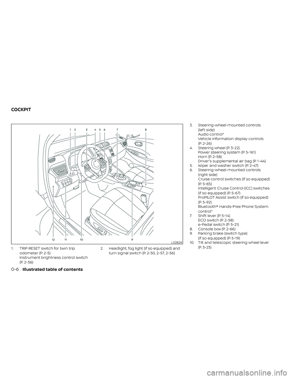 NISSAN LEAF 2023  Owners Manual 1. TRIP RESET switch for twin tripodometer (P. 2-5)
Instrument brightness control switch
(P. 2-56) 2. Headlight, fog light (if so equipped) and
turn signal switch (P. 2-50, 2-57, 2-56) 3. Steering-whe