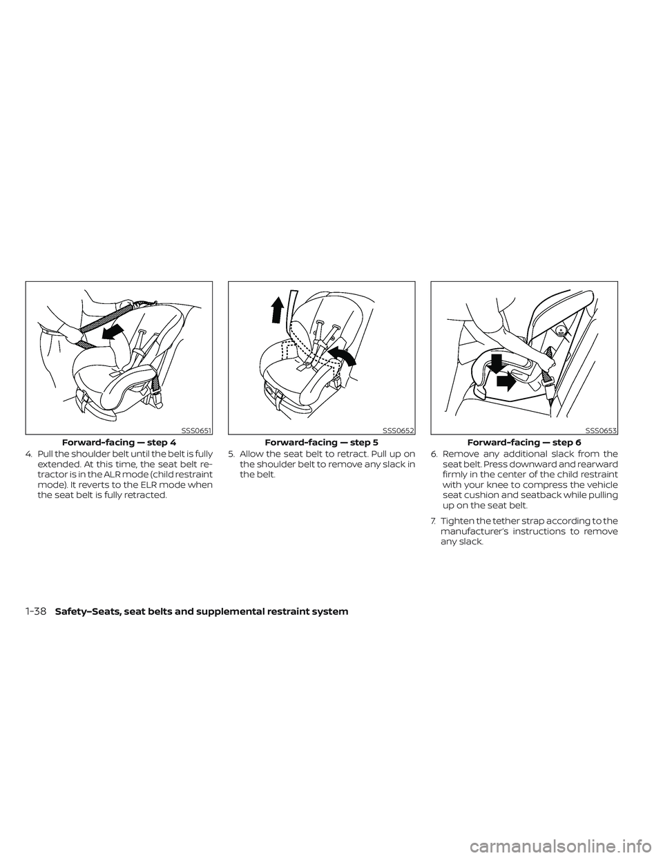 NISSAN LEAF 2023  Owners Manual 4. Pull the shoulder belt until the belt is fullyextended. At this time, the seat belt re-
tractor is in the ALR mode (child restraint
mode). It reverts to the ELR mode when
the seat belt is fully ret