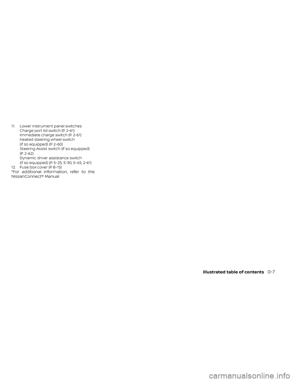NISSAN LEAF 2023 User Guide 11. Lower instrument panel switchesCharge port lid switch (P. 2-61)
Immediate charge switch (P. 2-61)
Heated steering wheel switch
(if so equipped) (P. 2-60)
Steering Assist switch (if so equipped)
(P