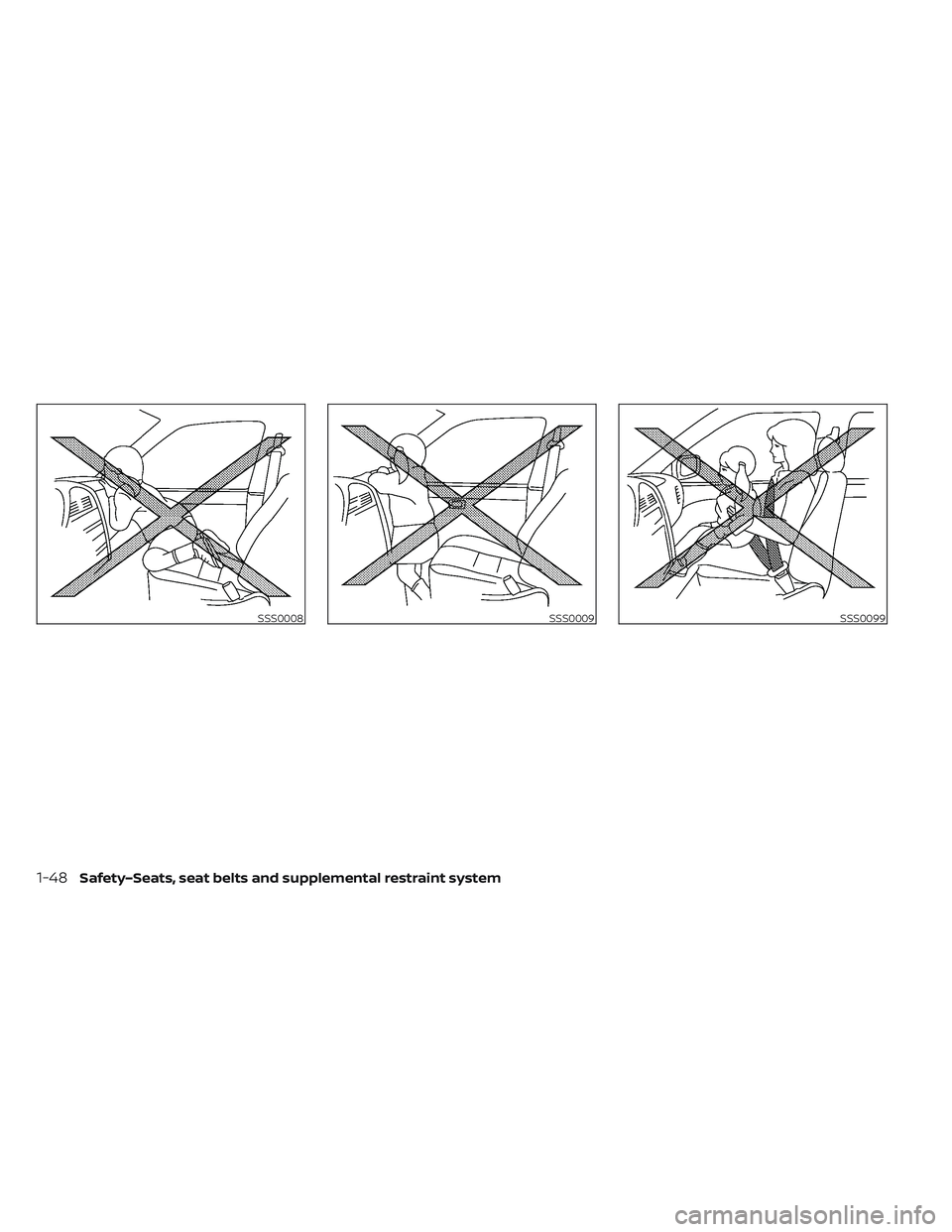NISSAN LEAF 2023  Owners Manual SSS0008SSS0009SSS0099
1-48Safety–Seats, seat belts and supplemental restraint system 