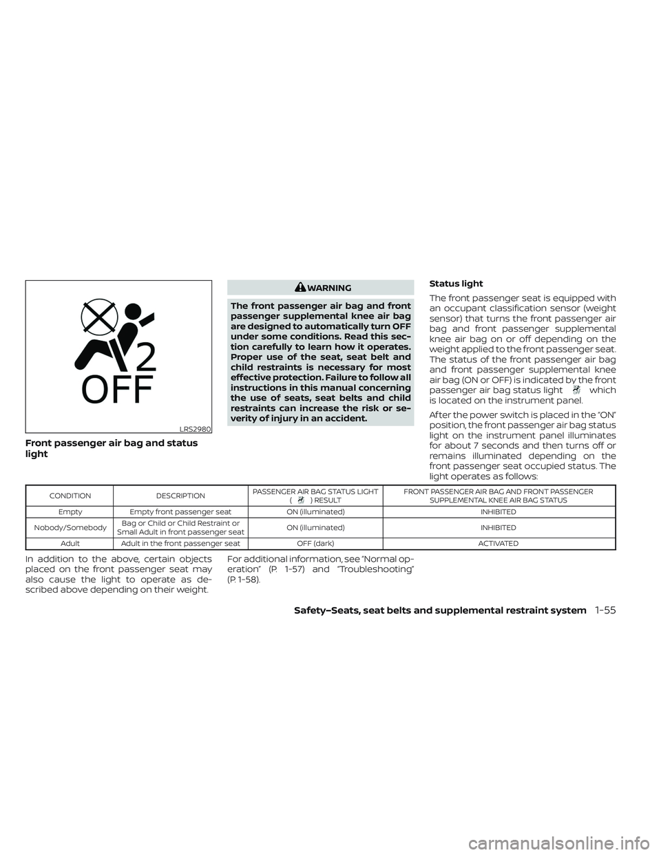 NISSAN LEAF 2023  Owners Manual Front passenger air bag and status
light
WARNING
The front passenger air bag and front
passenger supplemental knee air bag
are designed to automatically turn OFF
under some conditions. Read this sec-
