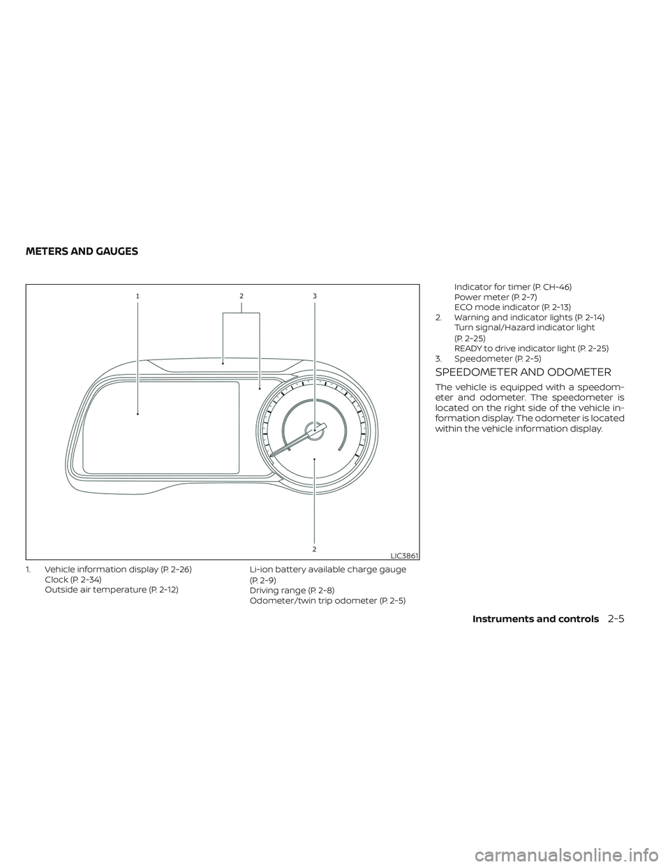 NISSAN LEAF 2023  Owners Manual 1. Vehicle information display (P. 2-26)Clock (P. 2-34)
Outside air temperature (P. 2-12) Li-ion battery available charge gauge
(P. 2-9)
Driving range (P. 2-8)
Odometer/twin trip odometer (P. 2-5)Indi