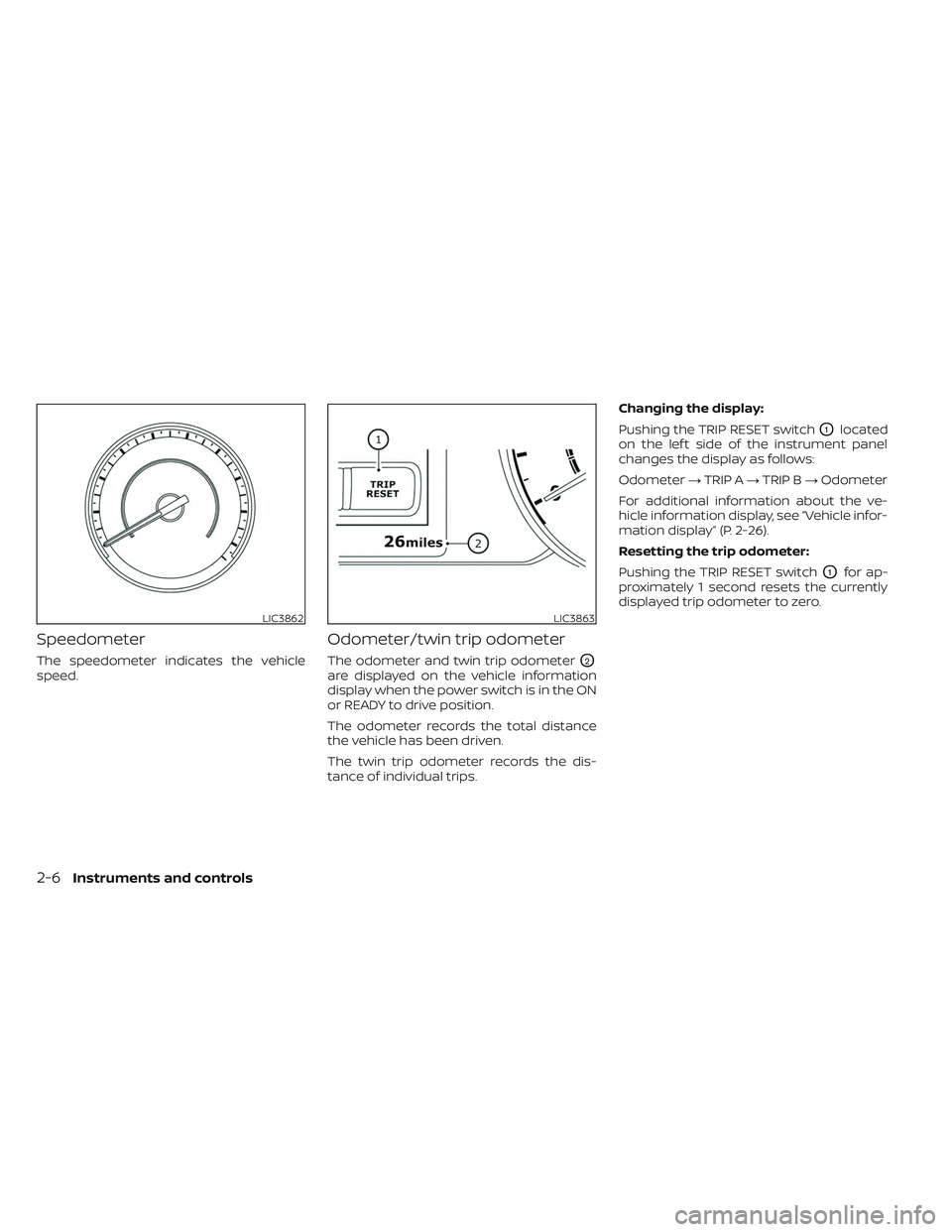 NISSAN LEAF 2023  Owners Manual Speedometer
The speedometer indicates the vehicle
speed.
Odometer/twin trip odometer
The odometer and twin trip odometerO2
are displayed on the vehicle information
display when the power switch is in 