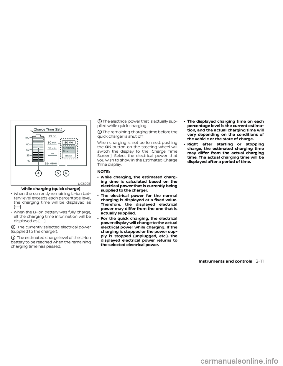 NISSAN LEAF 2023  Owners Manual • When the currently remaining Li-ion bat-tery level exceeds each percentage level,
the charging time will be displayed as
[---].
• When the Li-ion battery was fully charge, all the charging time 