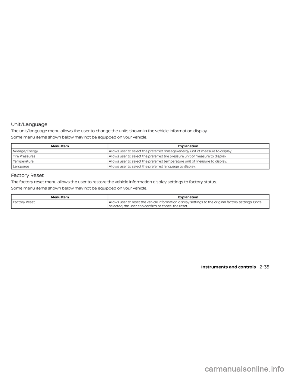 NISSAN LEAF 2023  Owners Manual Unit/Language
The unit/language menu allows the user to change the units shown in the vehicle information display.
Some menu items shown below may not be equipped on your vehicle.
Menu ItemExplanation