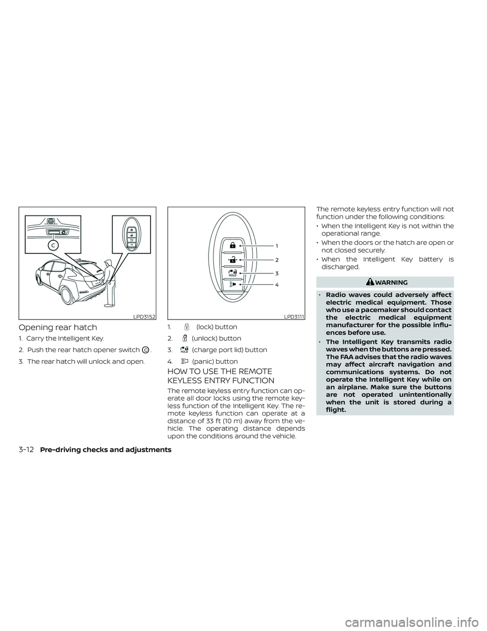 NISSAN LEAF 2023  Owners Manual Opening rear hatch
1. Carry the Intelligent Key.
2. Push the rear hatch opener switch
OC.
3. The rear hatch will unlock and open.
HOW TO USE THE REMOTE
KEYLESS ENTRY FUNCTION
The remote keyless entry 