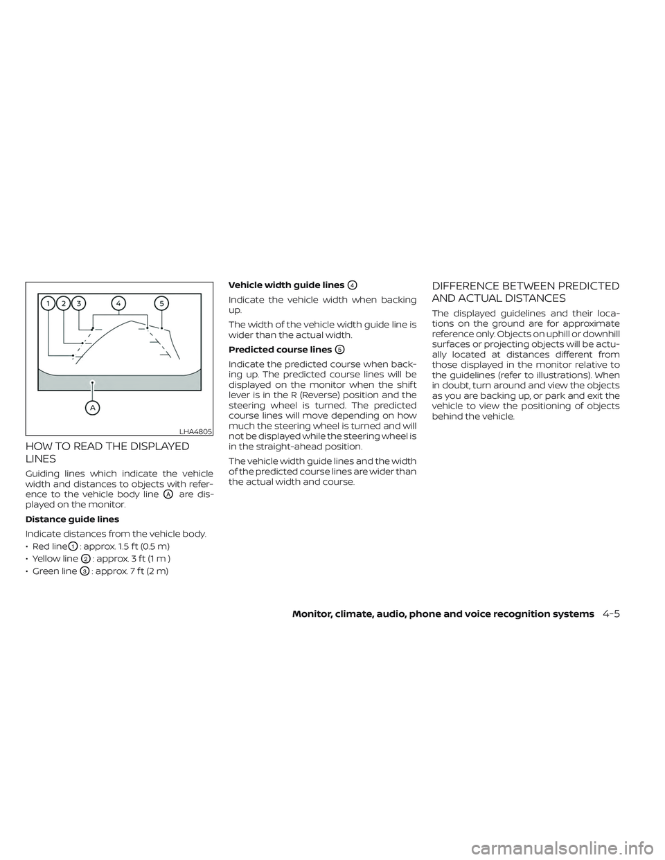 NISSAN LEAF 2023  Owners Manual HOW TO READ THE DISPLAYED
LINES
Guiding lines which indicate the vehicle
width and distances to objects with refer-
ence to the vehicle body line
OAare dis-
played on the monitor.
Distance guide lines