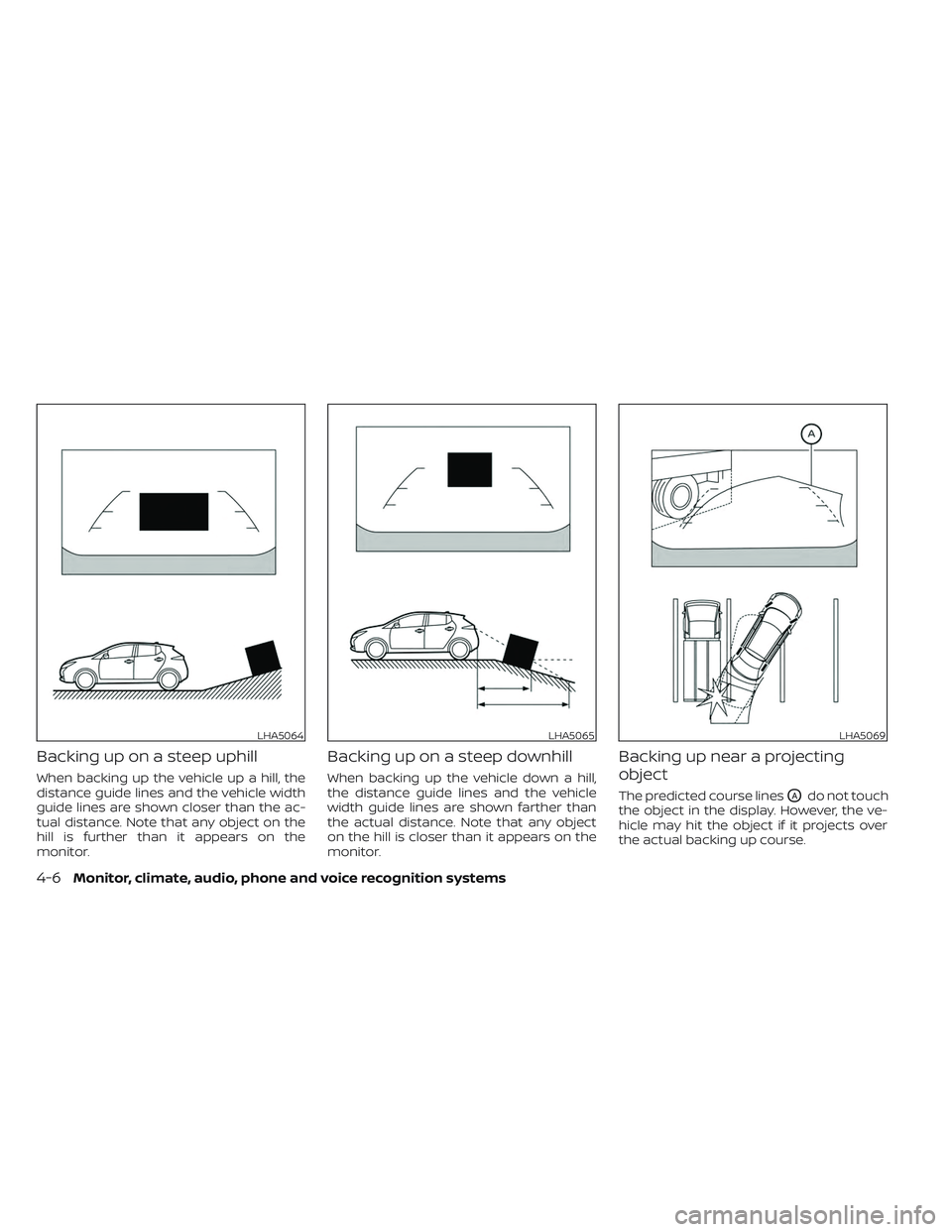 NISSAN LEAF 2023  Owners Manual Backing up on a steep uphill
When backing up the vehicle up a hill, the
distance guide lines and the vehicle width
guide lines are shown closer than the ac-
tual distance. Note that any object on the
