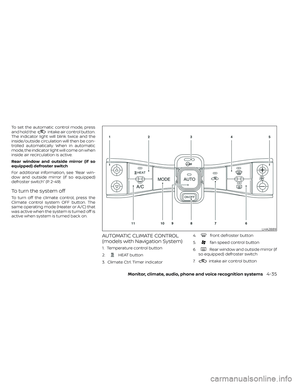 NISSAN LEAF 2023  Owners Manual To set the automatic control mode, press
and hold theintake air control button.
The indicator light will blink twice and the
inside/outside circulation will then be con-
trolled automatically. When in