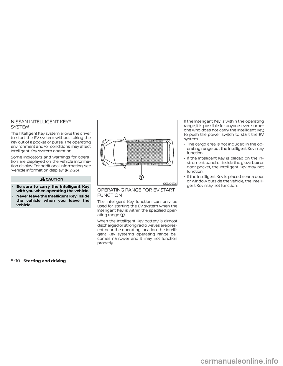 NISSAN LEAF 2023 Owners Manual NISSAN INTELLIGENT KEY®
SYSTEM
The Intelligent Key system allows the driver
to start the EV system without taking the
key out of a pocket or purse. The operating
environment and/or conditions may aff NISSAN LEAF 2023 Owners Manual NISSAN INTELLIGENT KEY®
SYSTEM
The Intelligent Key system allows the driver
to start the EV system without taking the
key out of a pocket or purse. The operating
environment and/or conditions may aff