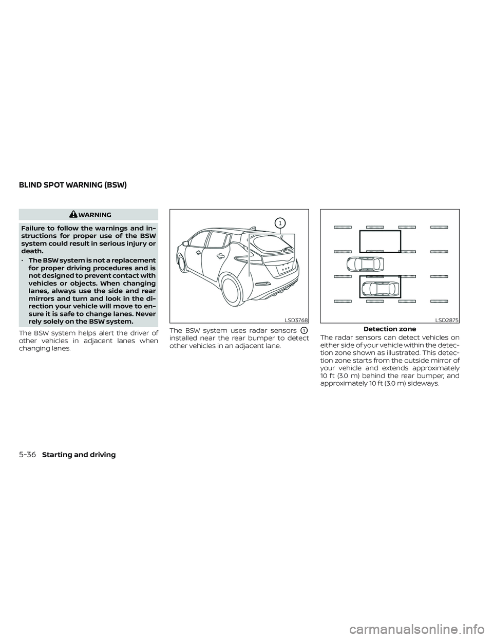 NISSAN LEAF 2023 Owners Manual WARNING
Failure to follow the warnings and in-
structions for proper use of the BSW
system could result in serious injury or
death.
• The BSW system is not a replacement
for proper driving procedure NISSAN LEAF 2023 Owners Manual WARNING
Failure to follow the warnings and in-
structions for proper use of the BSW
system could result in serious injury or
death.
• The BSW system is not a replacement
for proper driving procedure