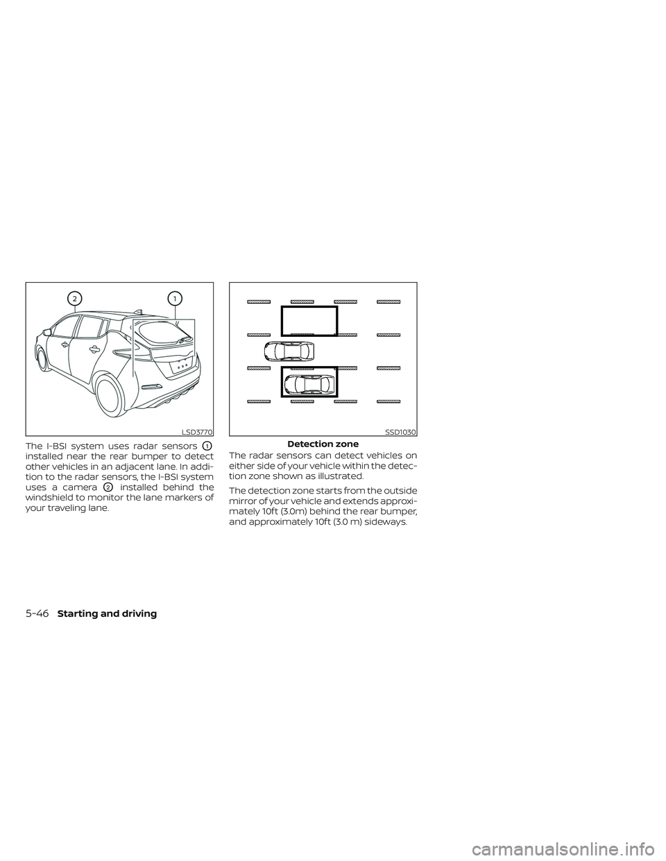 NISSAN LEAF 2023 Owners Manual The I-BSI system uses radar sensorsO1
installed near the rear bumper to detect
other vehicles in an adjacent lane. In addi-
tion to the radar sensors, the I-BSI system
uses a camera
O2installed behind NISSAN LEAF 2023 Owners Manual The I-BSI system uses radar sensorsO1
installed near the rear bumper to detect
other vehicles in an adjacent lane. In addi-
tion to the radar sensors, the I-BSI system
uses a camera
O2installed behind